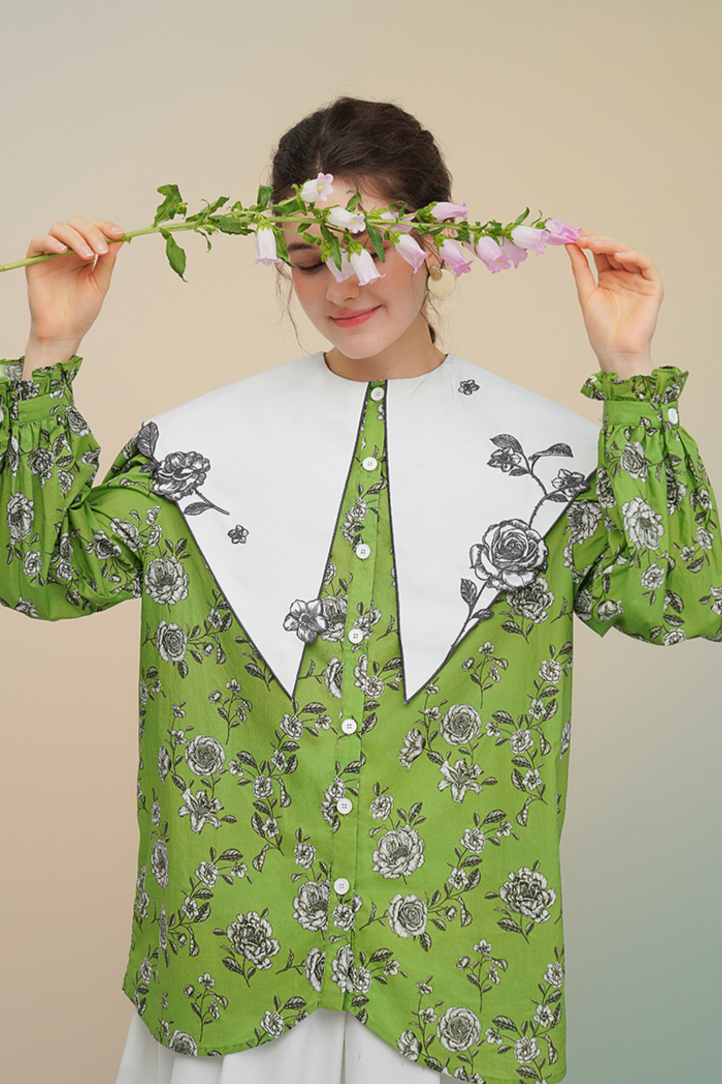 グリーンローズフレンチヴィンテージプリントシャツ