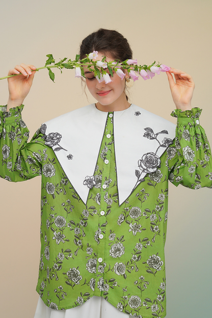 グリーンローズフレンチヴィンテージプリントシャツ