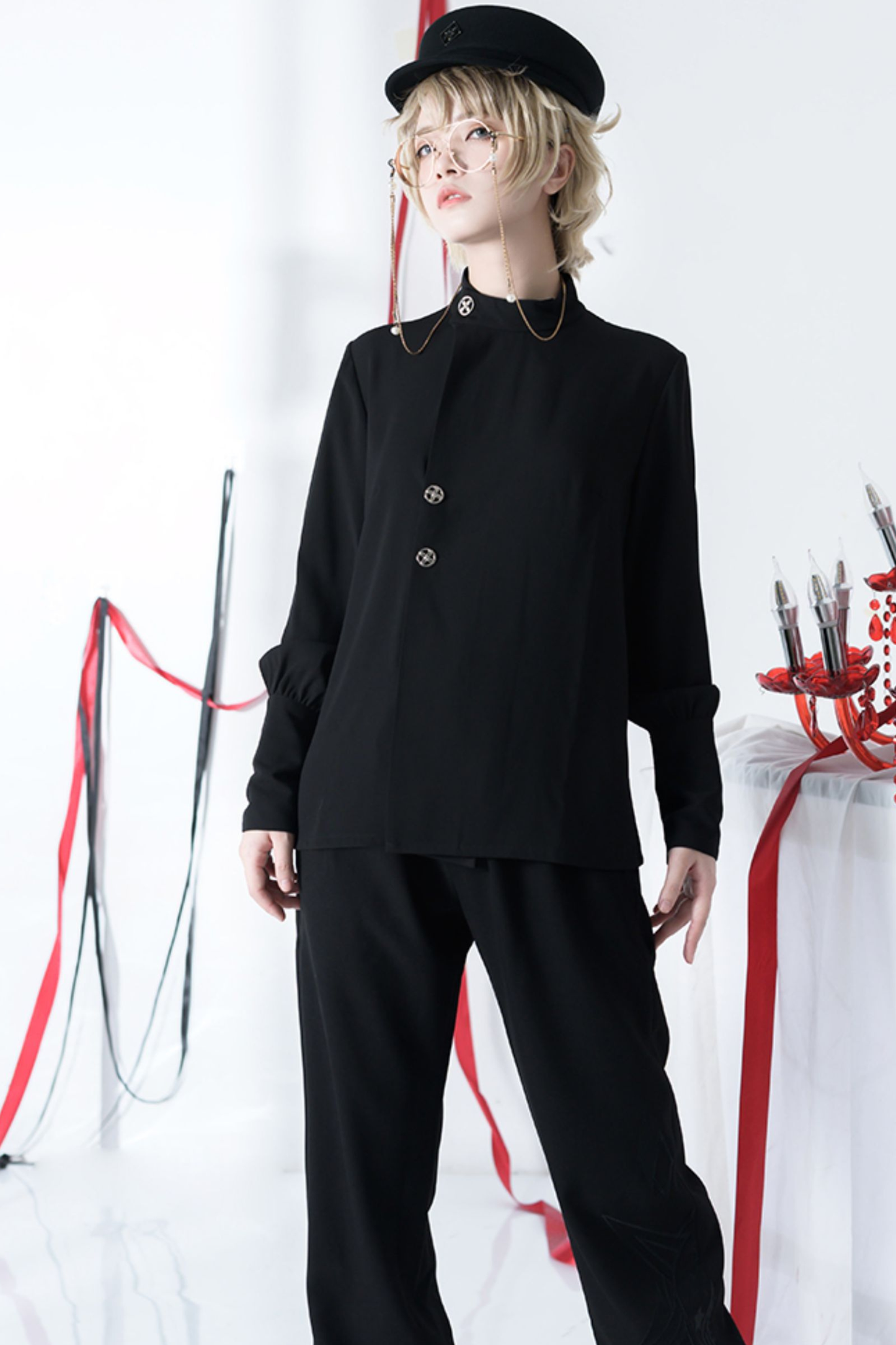 レトロモードスタンドカラーブラウス