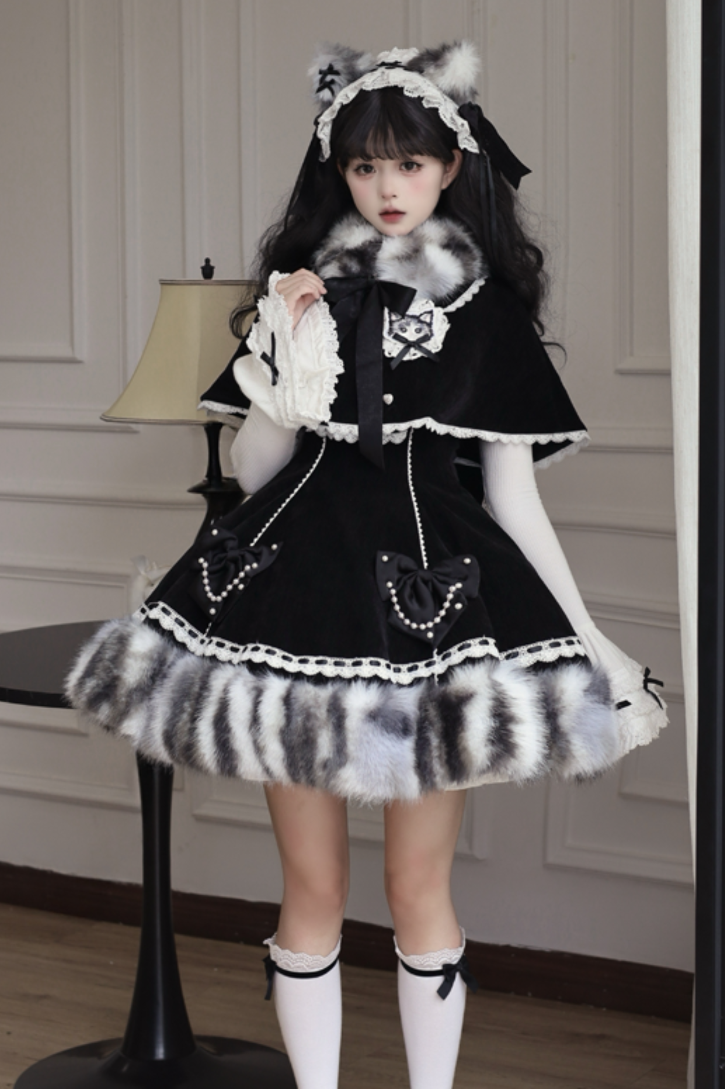 Cat Fleece Lolita Cape + Snow Lolita Dress + Flared Sleeve Top