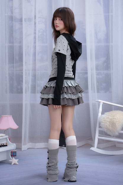 Y2K Star Design Faux Two Piece Hooded Top