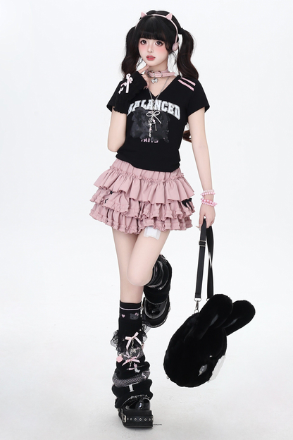 ホットガールVネックブラックピンクトップス