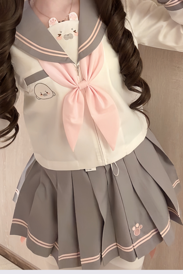 Sweet Girly Sailor Top + Skirt + Ribbon + Brooch
