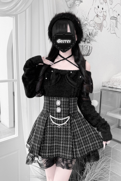 Ribbon mink velvet off-the-shoulder sweater