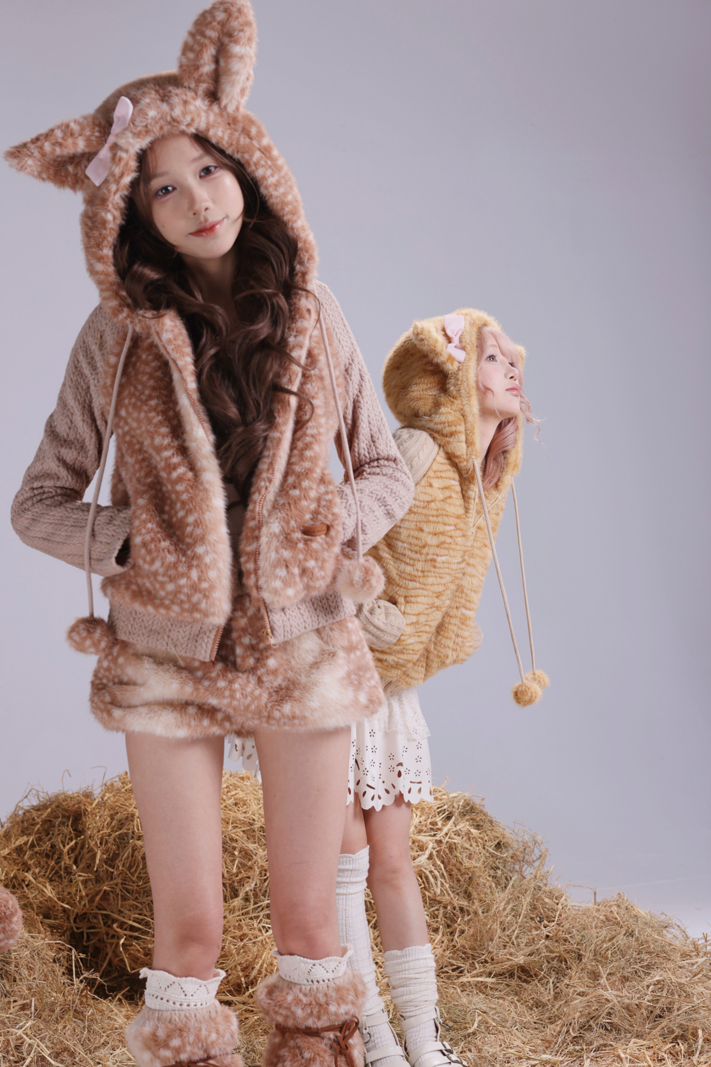 オレンジキャットファーパッチワークニットスリムフードジャケット