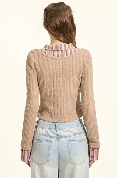 プレッピースタイルストライプカラーフェイクツーピースニット