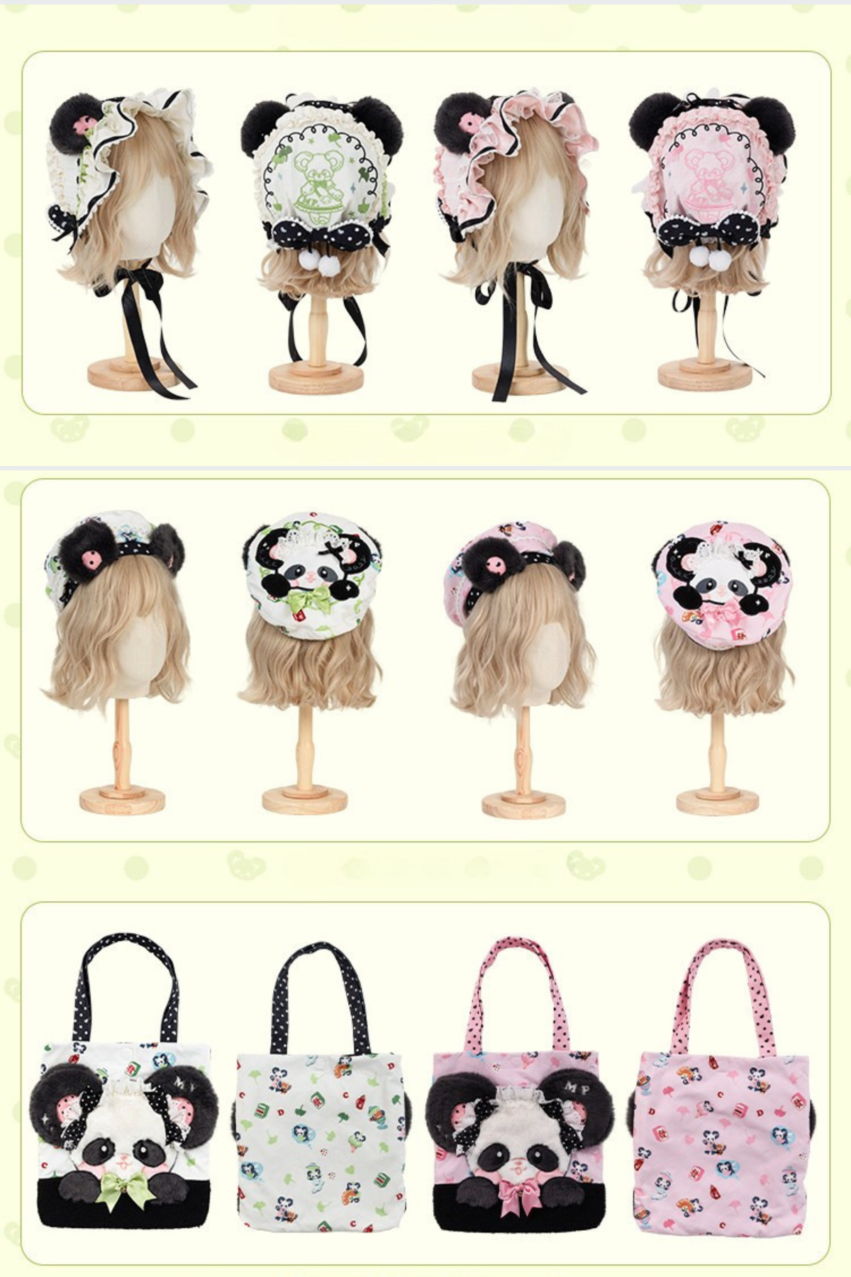 [Reservierungsschluss am 1025] Pink/Grüne Chinoiserie-Lolita-Sweet-Panda-Serie Accessoires (Teetassen-inspirierter Minihut, Pandaohren-Haube, Pandaohren-KC, Pandaohren-Barett, Haarclip, Halskette, Handtasche, Quastenbrosche, Socken)