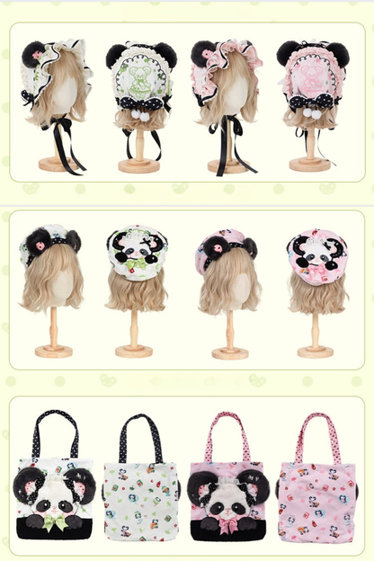 [Reservierungsschluss am 1025] Pink/Grüne Chinoiserie-Lolita-Sweet-Panda-Serie Accessoires (Teetassen-inspirierter Minihut, Pandaohren-Haube, Pandaohren-KC, Pandaohren-Barett, Haarclip, Halskette, Handtasche, Quastenbrosche, Socken)