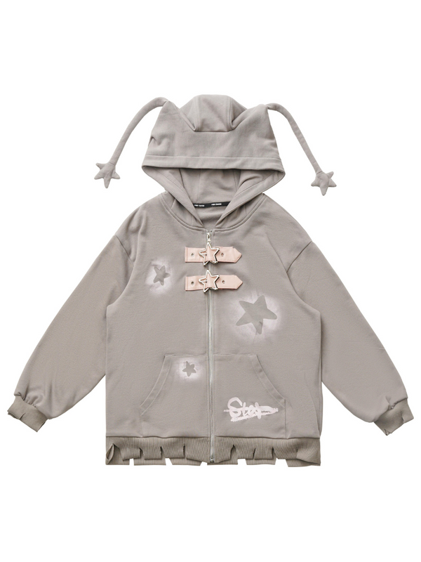 Star American Print Loose Zip Hoodie + Irregular Skirt + Leg Warmers