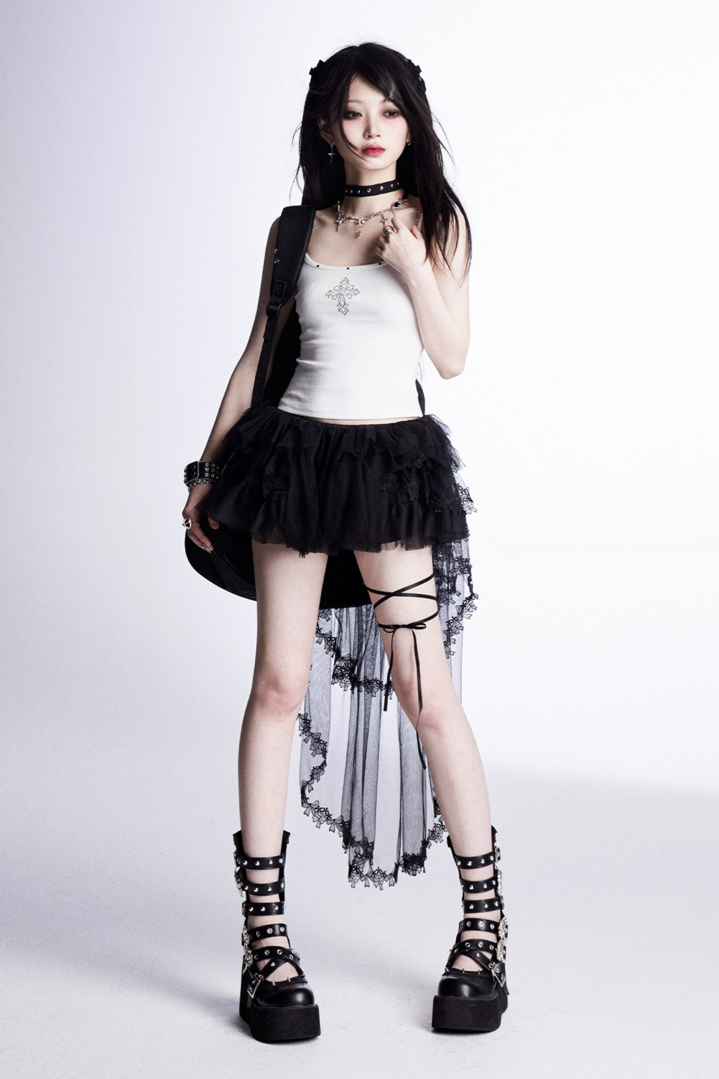 スパンコールトップス＋メッシュAラインスカート