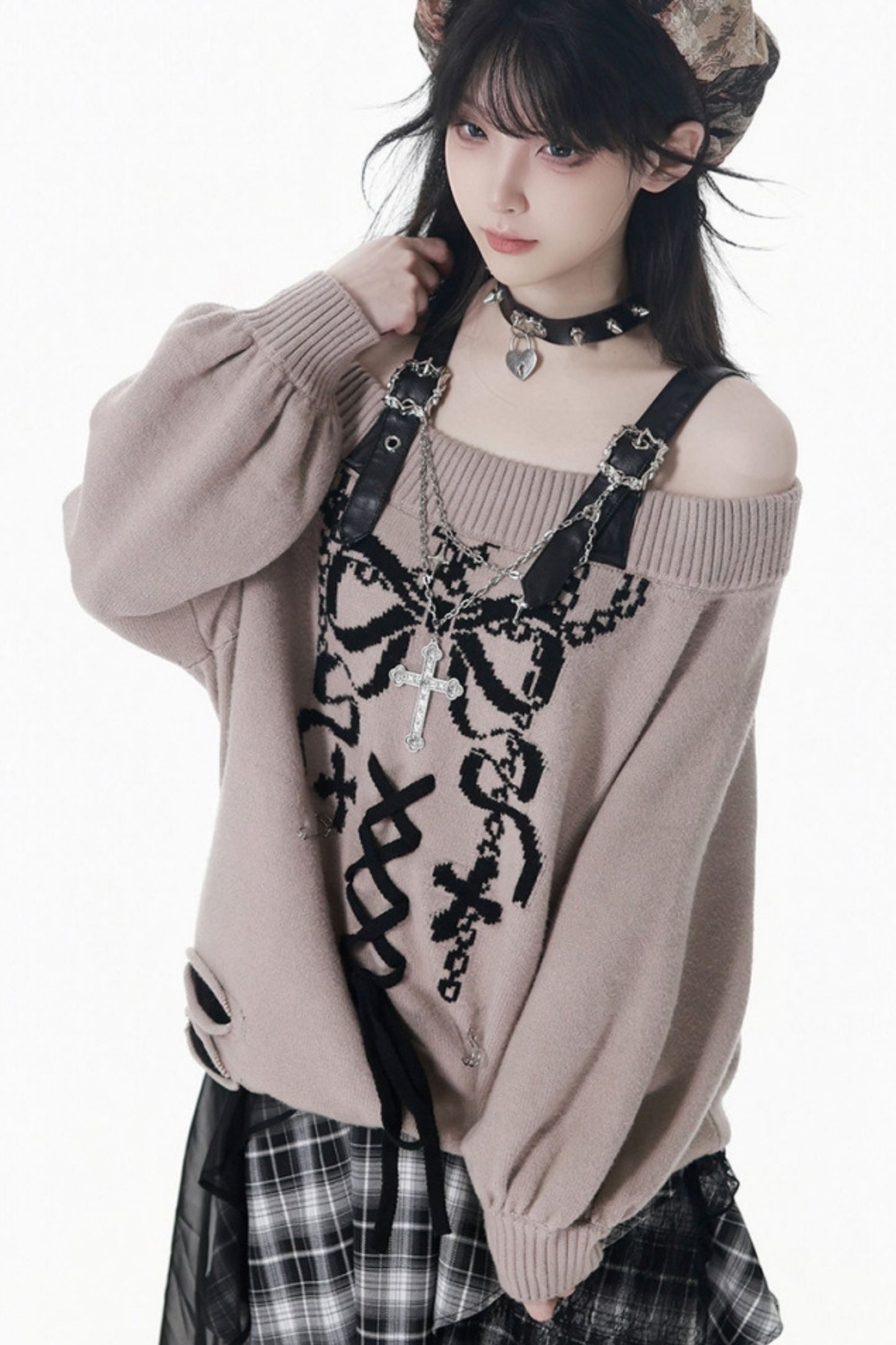 One-Shoulder Ribbon Top + Checked Asymmetrical Skirt