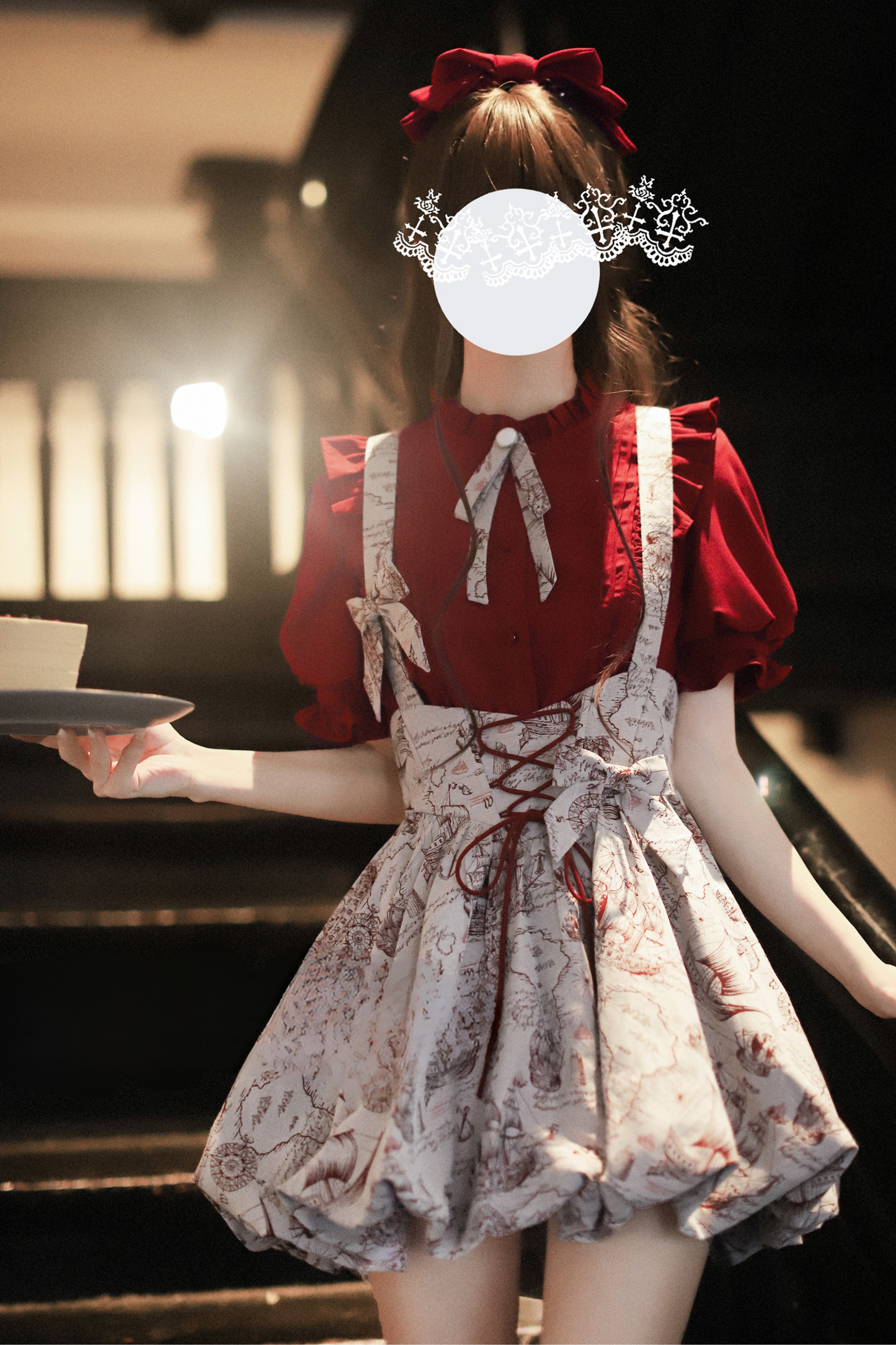 (Pre-order item) Wine Red Puff Sleeve Shirt + Balloon Jumperskirt