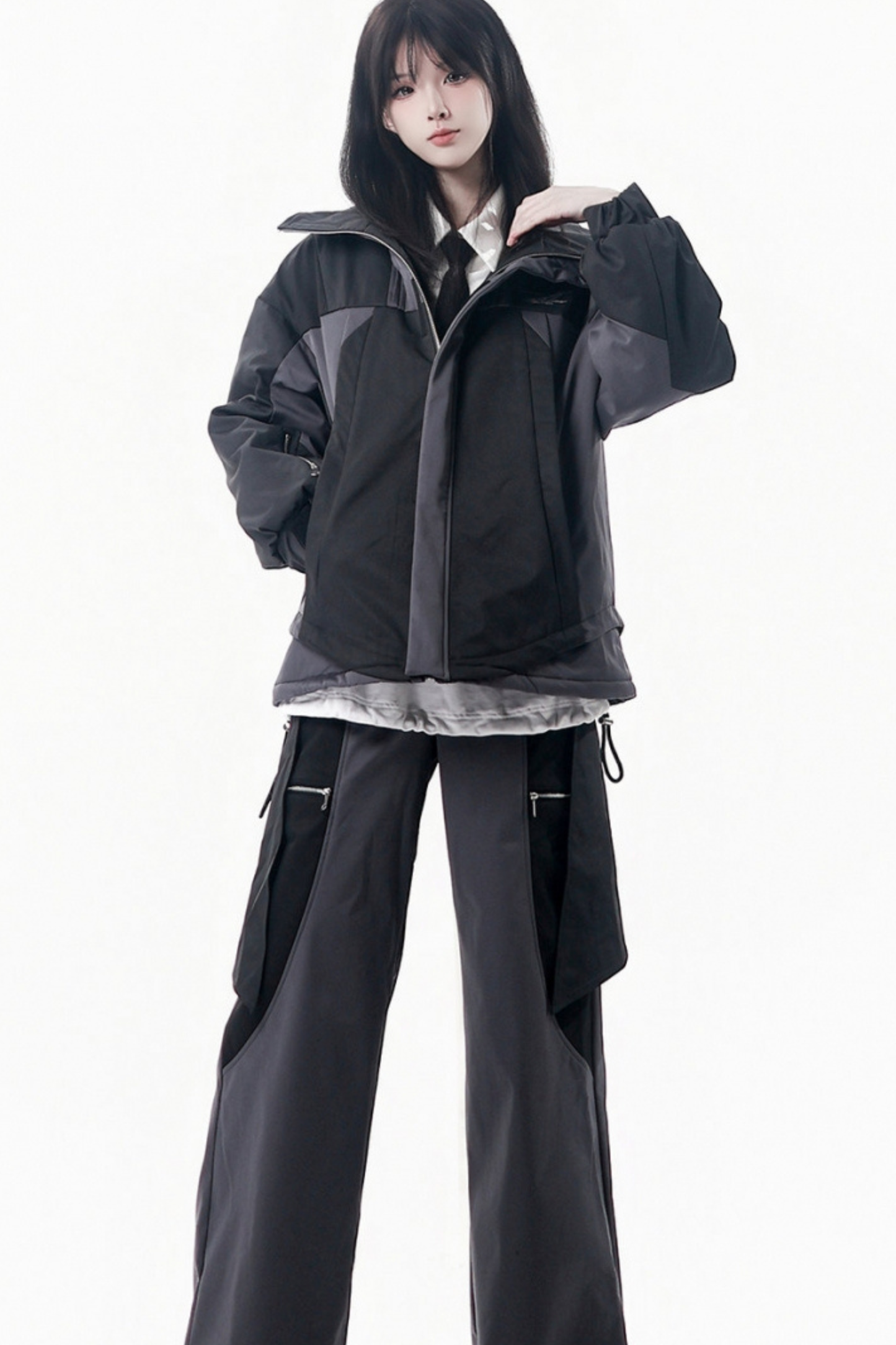 Dark gray color blocking jacket + pants + skirt + top