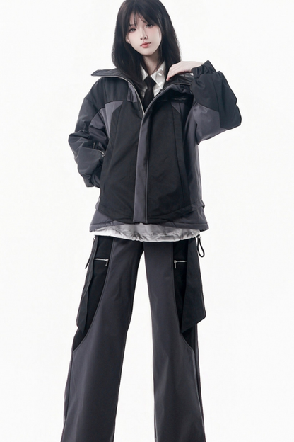 Dark gray color blocking jacket + pants + skirt + top