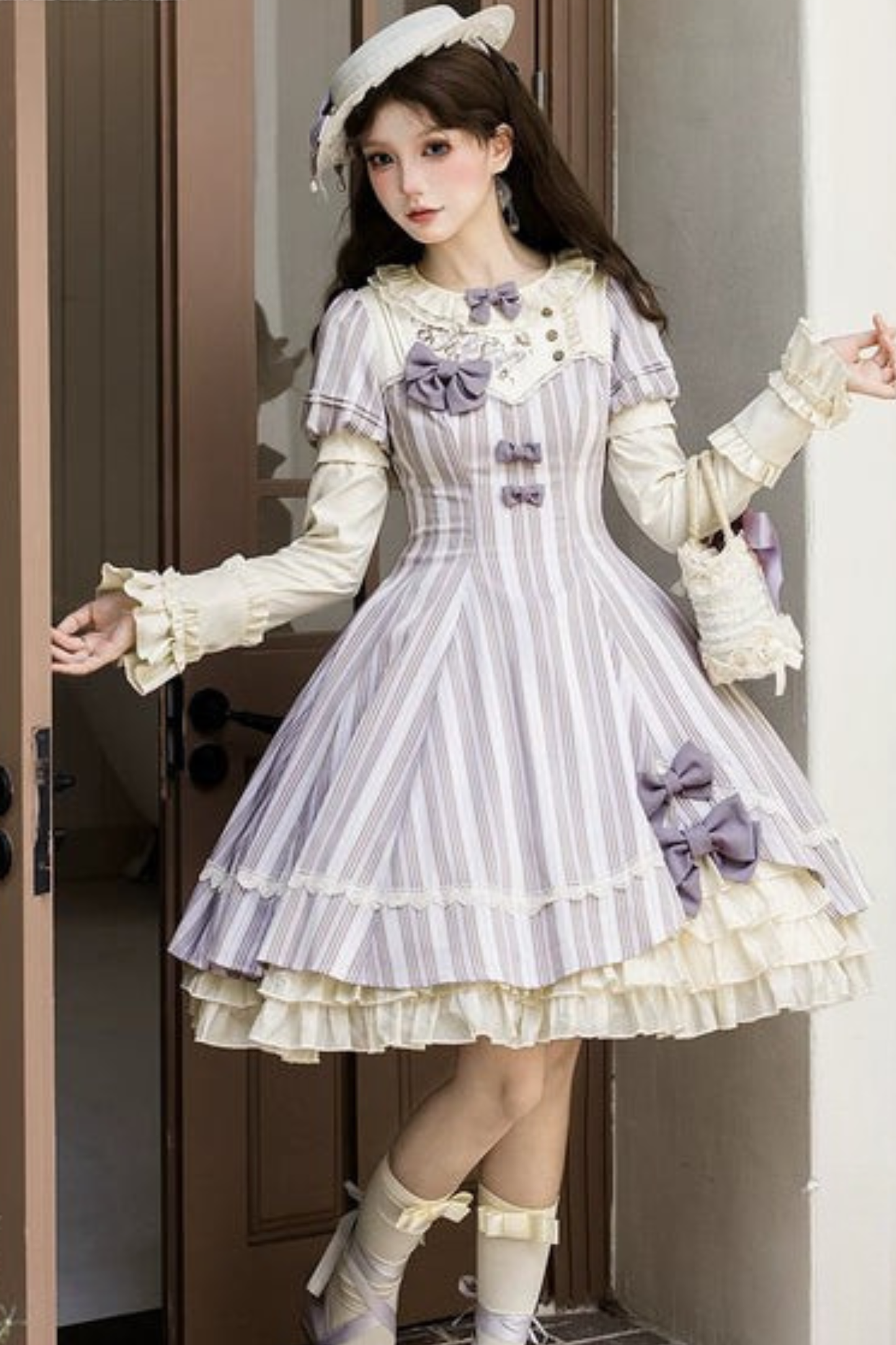 【预售商品】条纹洛丽塔连衣裙+蝴蝶结发夹