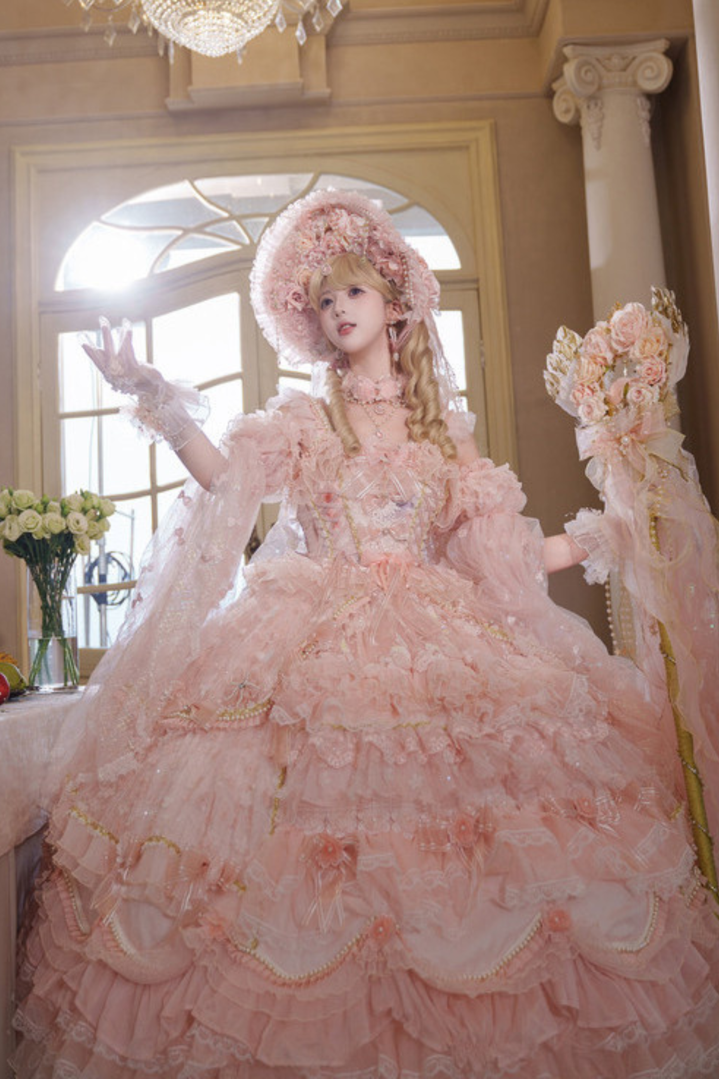 スイートフラワーゴージャスティーパーティーロリータアクセサリーハット+ベール+ネックレス+グローブ+セプター