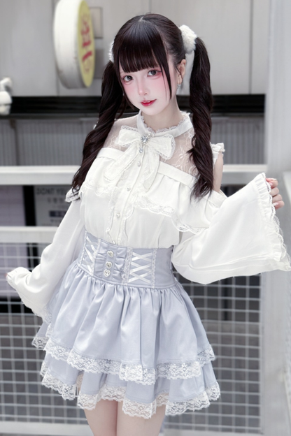 Lace off-the-shoulder shirt + lace-up skirt