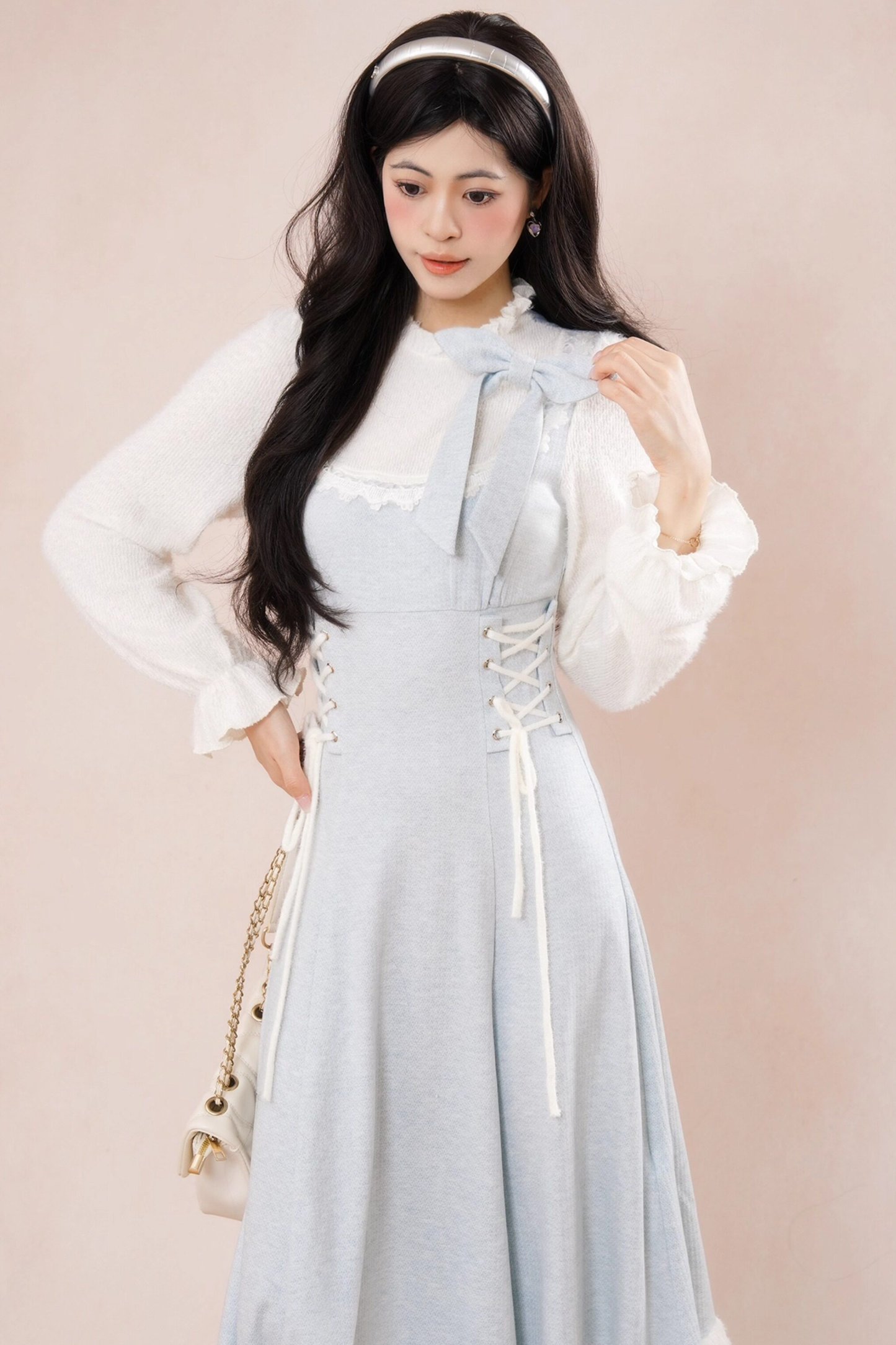 フレンチブルーリボンフリルドレス