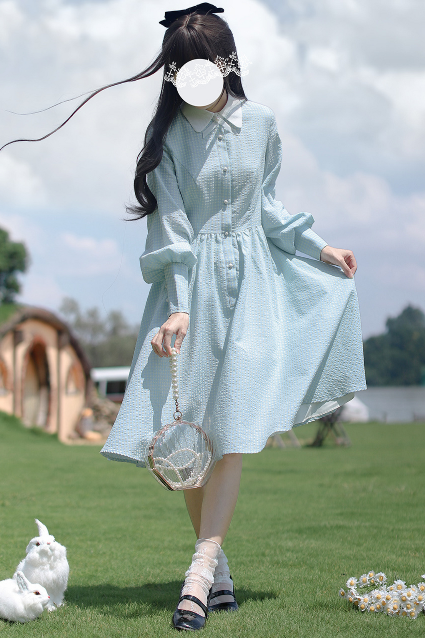 Blue Check French Retro Dress + Frilled Lace Apron