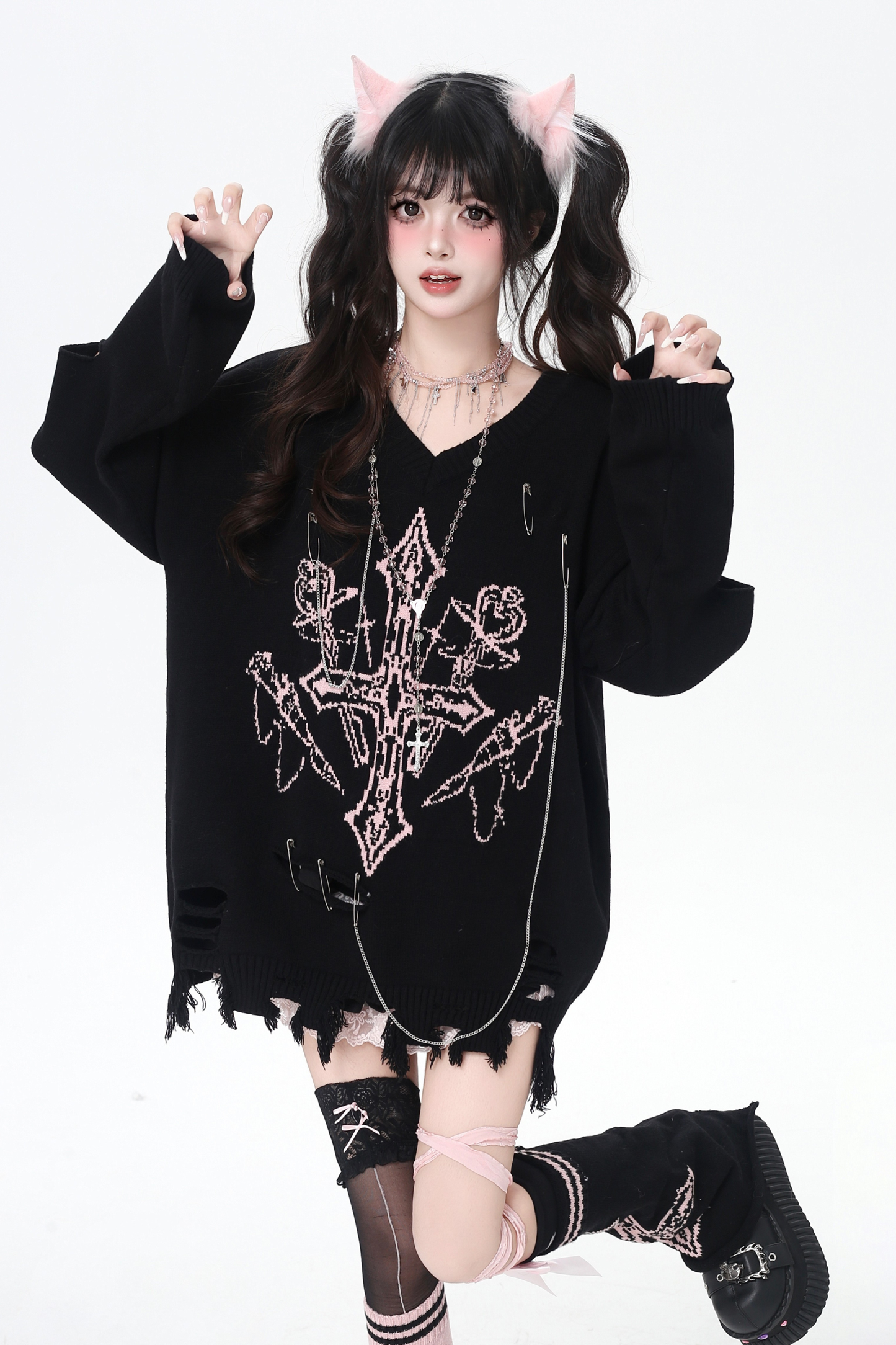 ゴシックライトアジアンVネックニッチルーズセーター