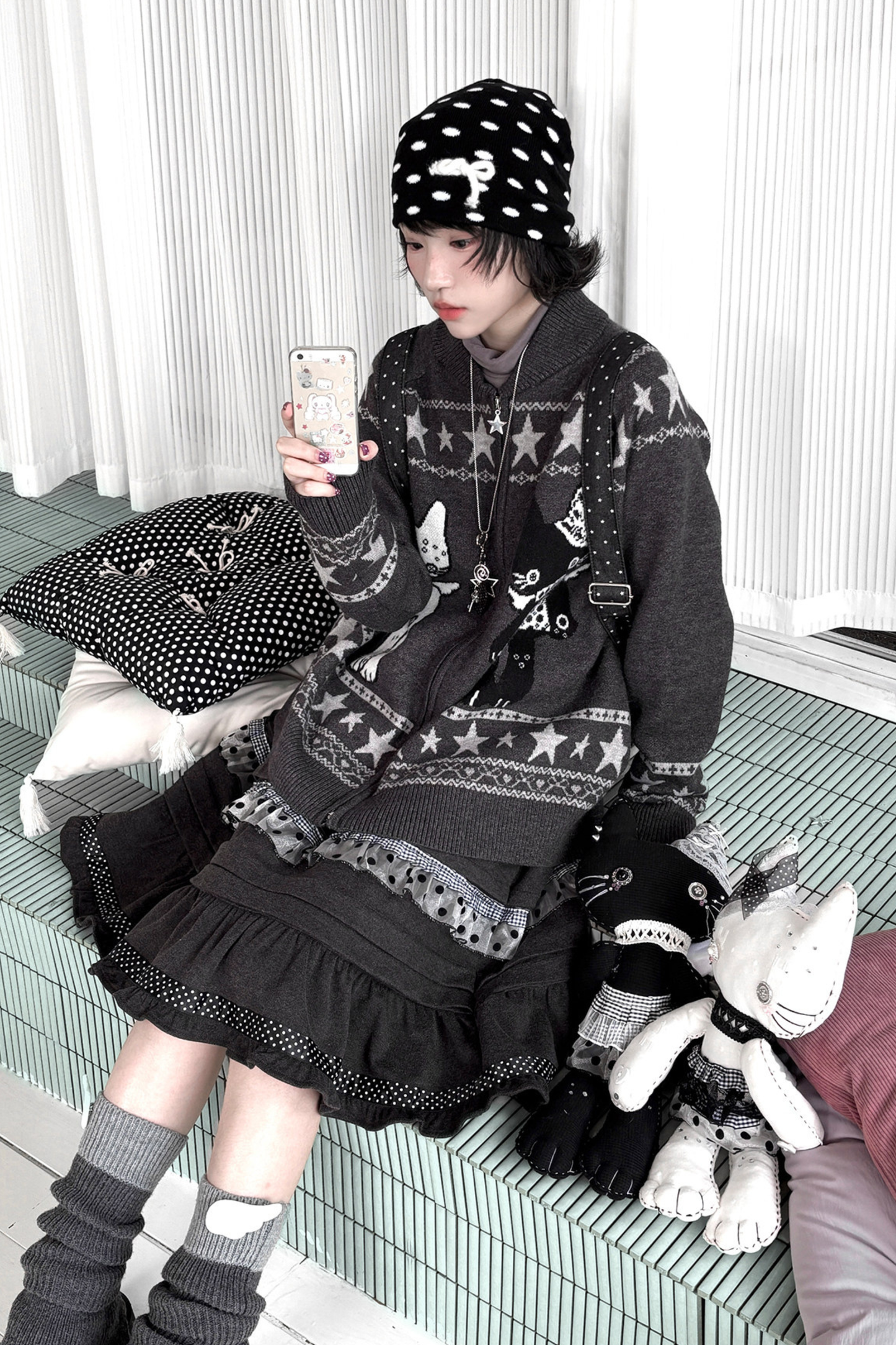 Y2K Jacquard Cardigan + Flare Skirt