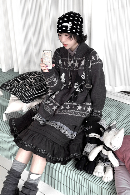 Y2K Jacquard Cardigan + Flare Skirt