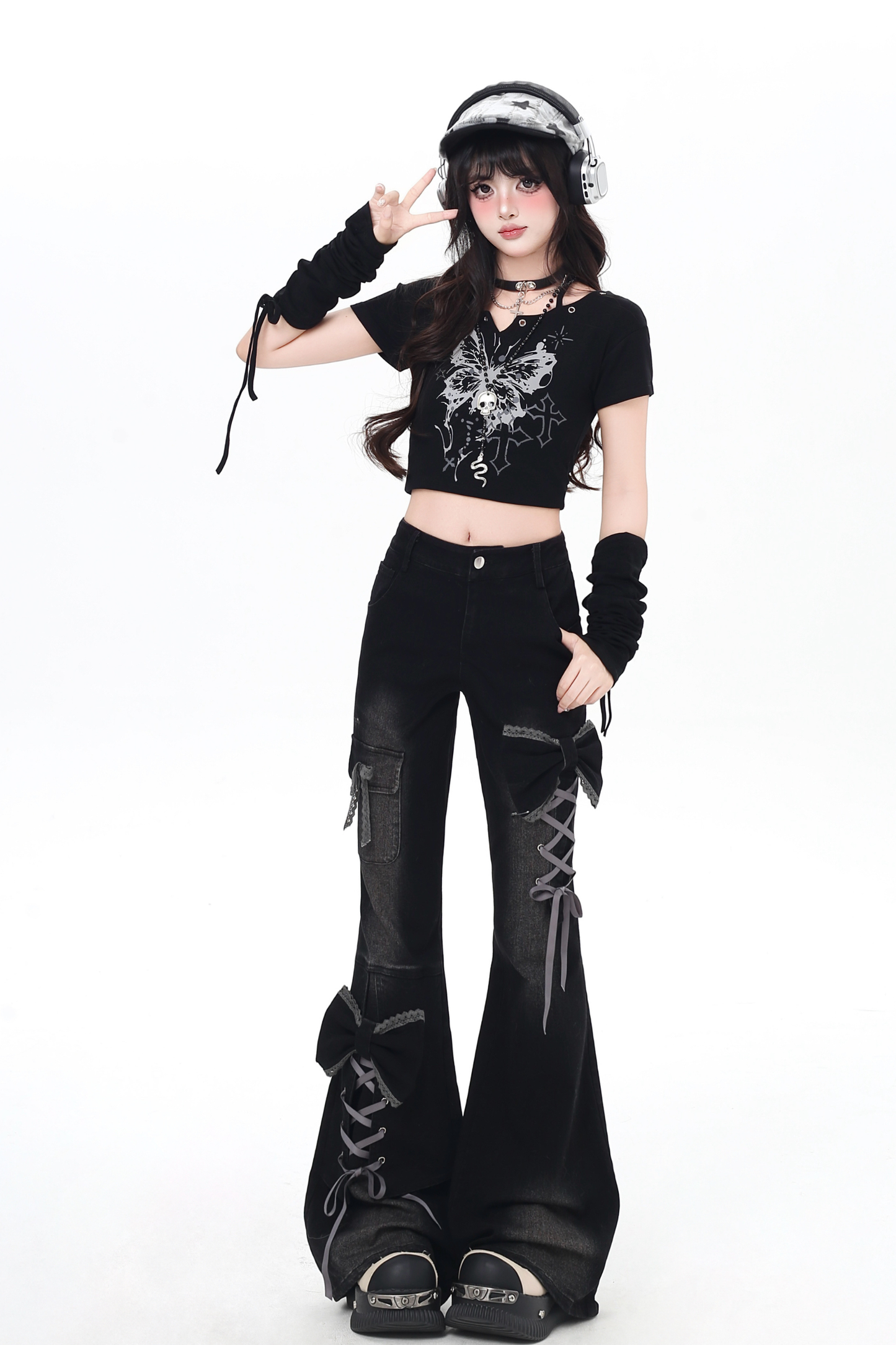 Lace-up flared denim pants