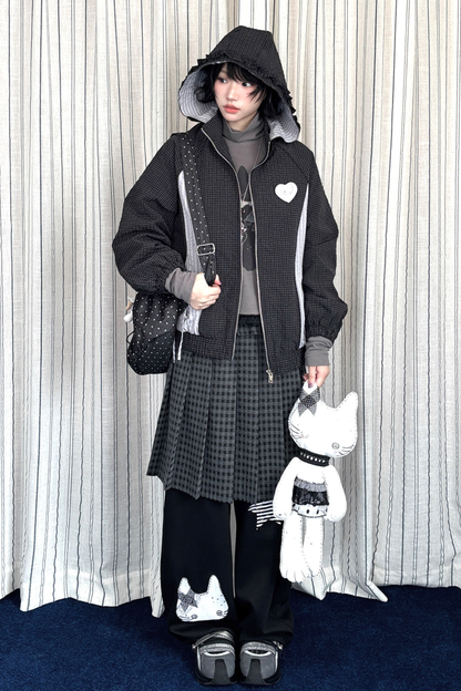Animal Doll Print Top + Pleated Skirt + Wide Pants + Jacket