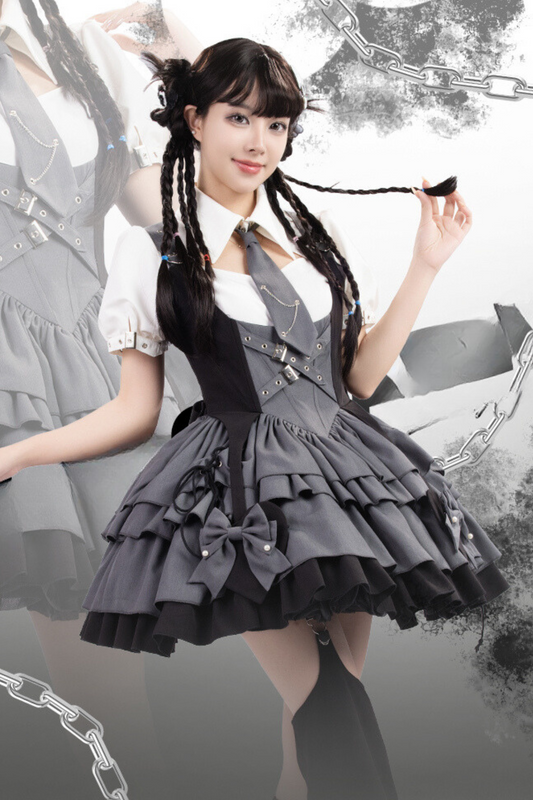 [Reservation product] College style gray black suspender dress