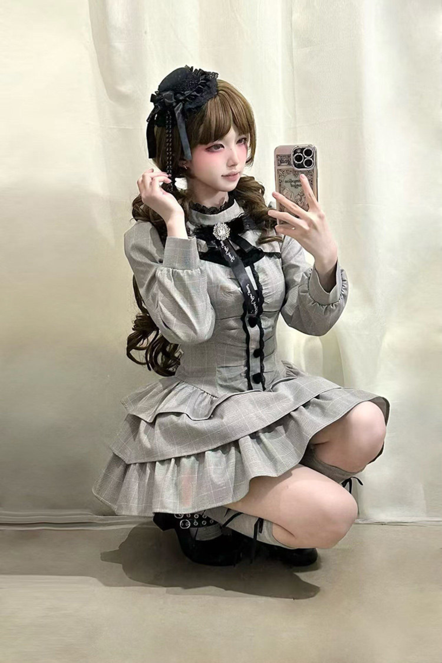 Check High Neck Puff Sleeve Dress