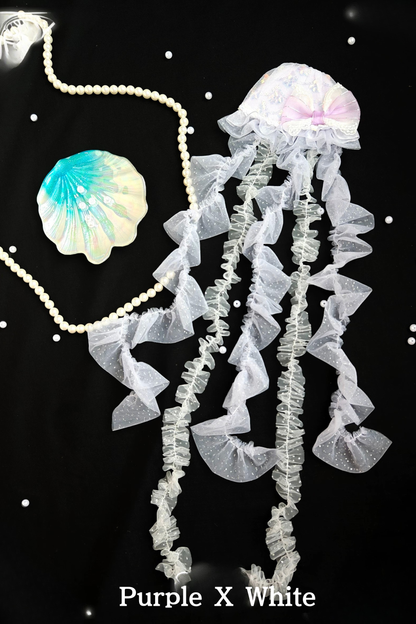 [Vorbestellfrist 1. August] Accessoires der Quallen-Fee-Serie in Blau/Weiß/Lila (muschelförmiger Kopfschmuck mit langer Schleppe, Quallen-Haarspange, Handgelenk-Manschetten, Perlen-Spitzen-Choker, Quallen-Kopfstück/Handaccessoire)