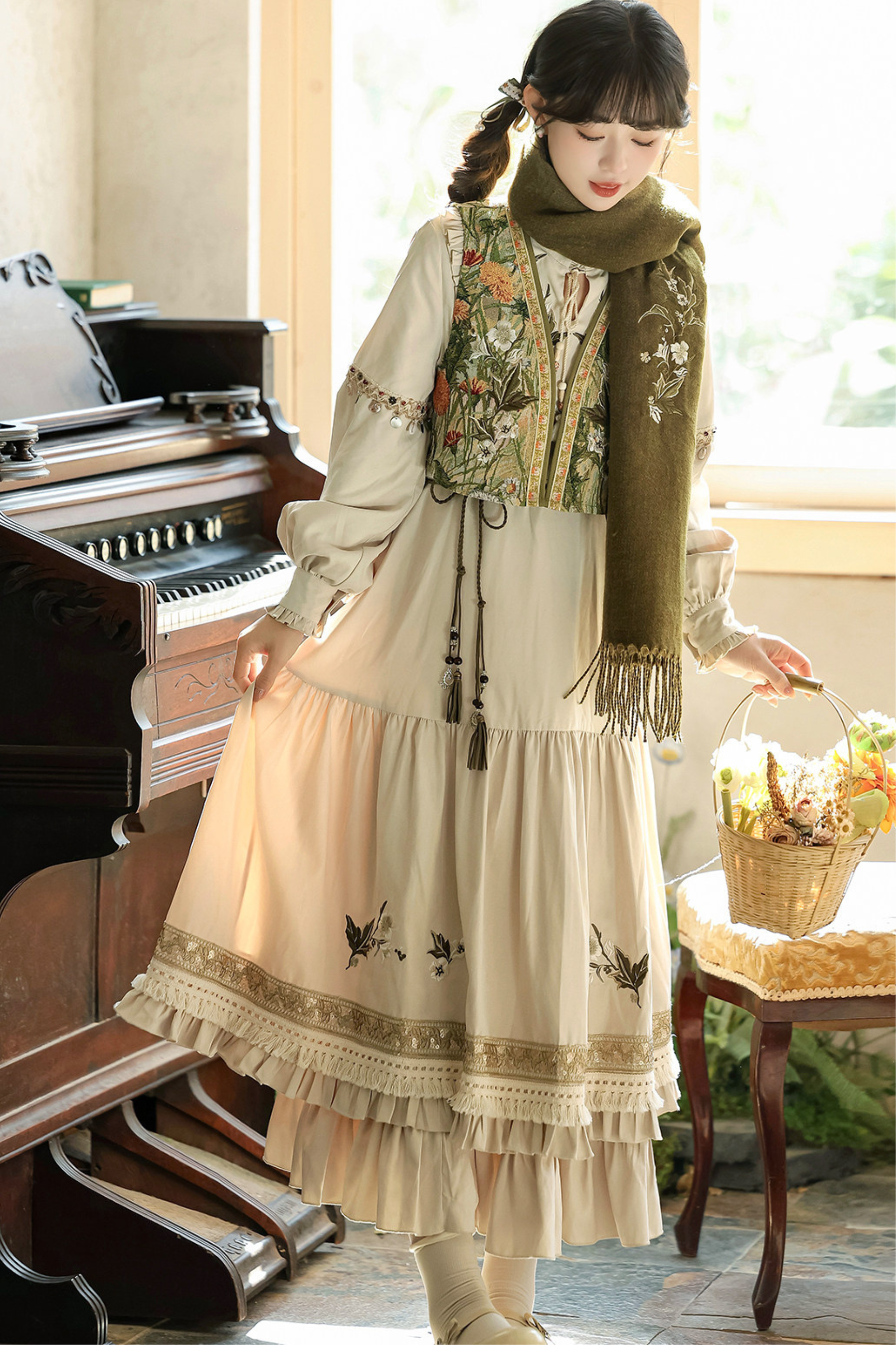 long sleeve dress with vest Korean Korean Style Gentle Vest Dress Set Long Sleeve