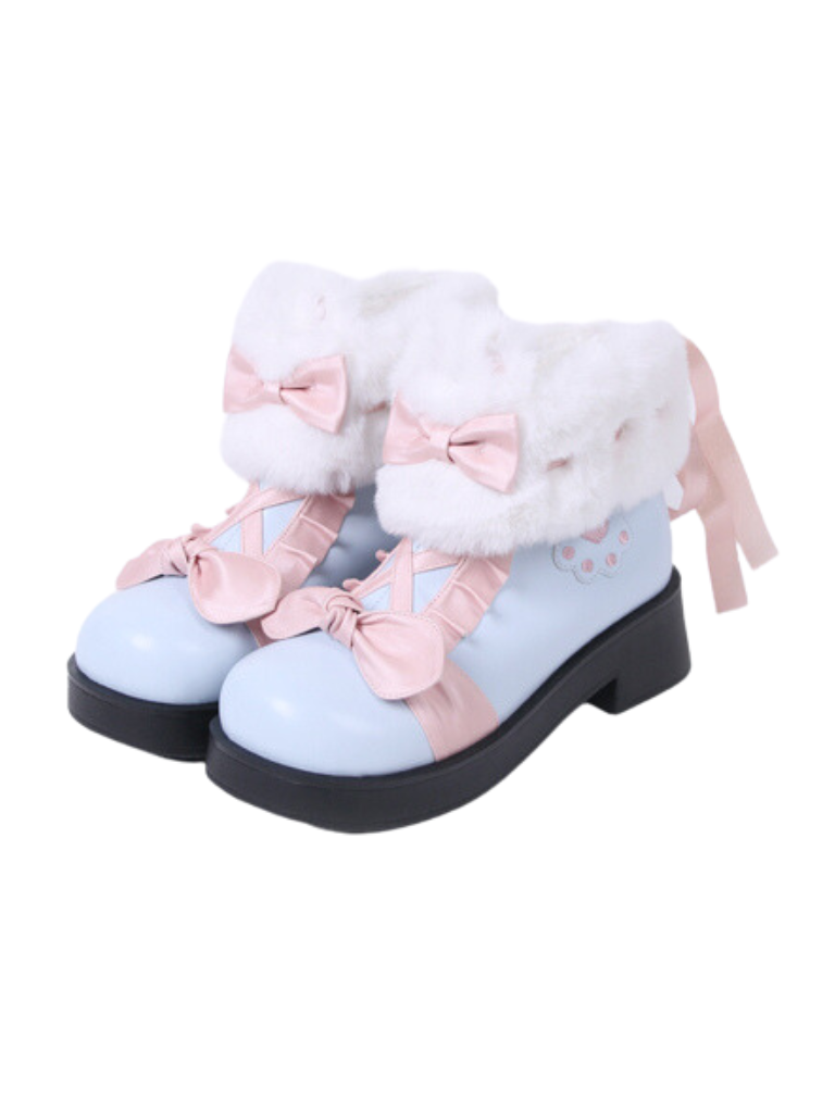 Snow Lolita Mid Heel Color Block Ribbon Sweet Velvet Short Boots