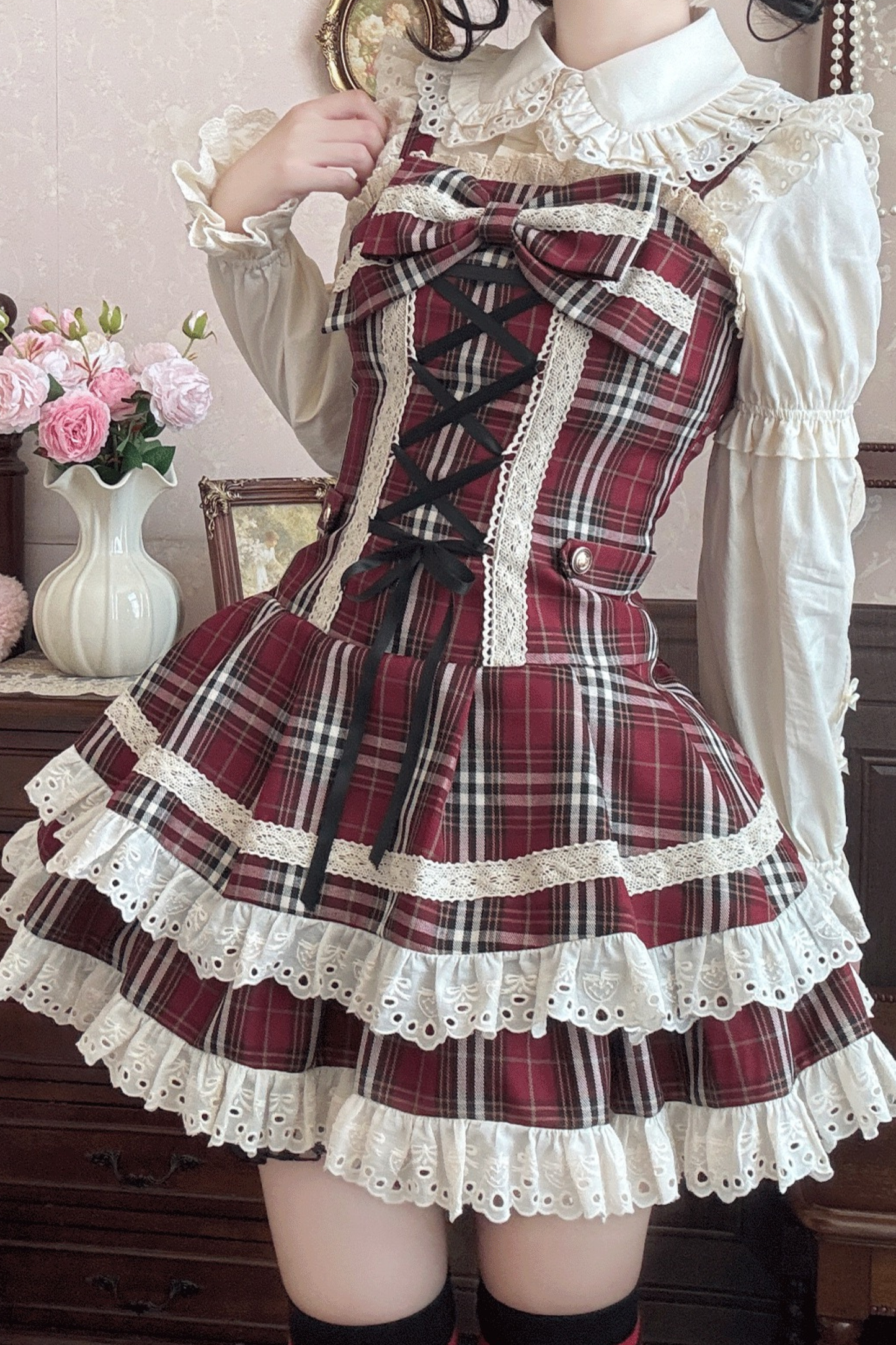チェックレースアップロリータジャンパースカート+フリルブラウス