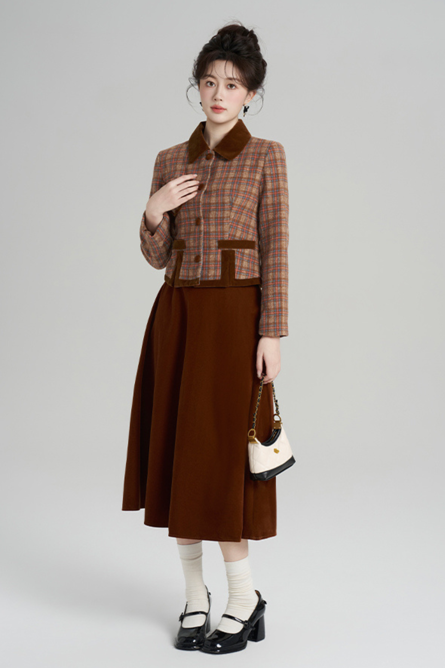 チェックジャケット+レトロプラッドベルベットスカート