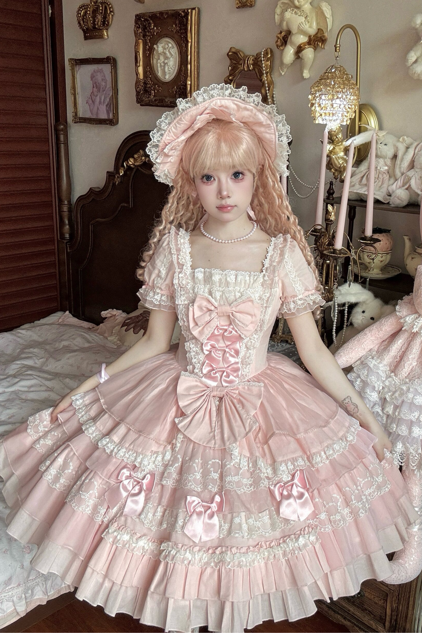 スウィートハートフリルリボンロリータドレス+BNT+ネックレス+姫袖