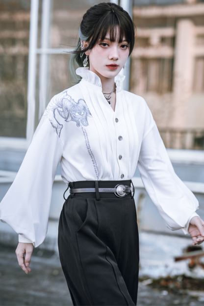 レーススタンドカラーホワイトシャツ