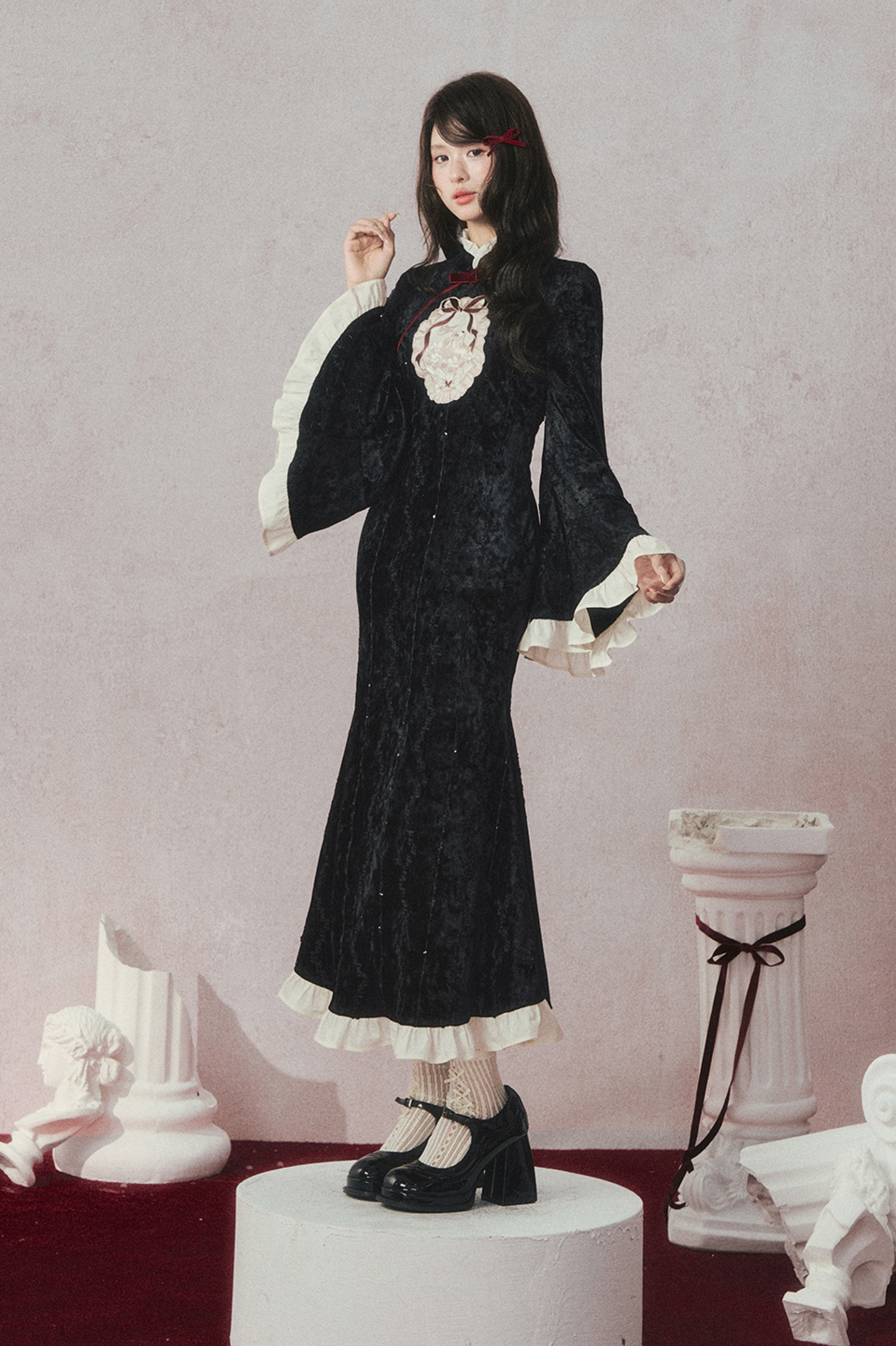 レトロゴージャスブラックベルベットマーメイドテールチャイナドレス+マント