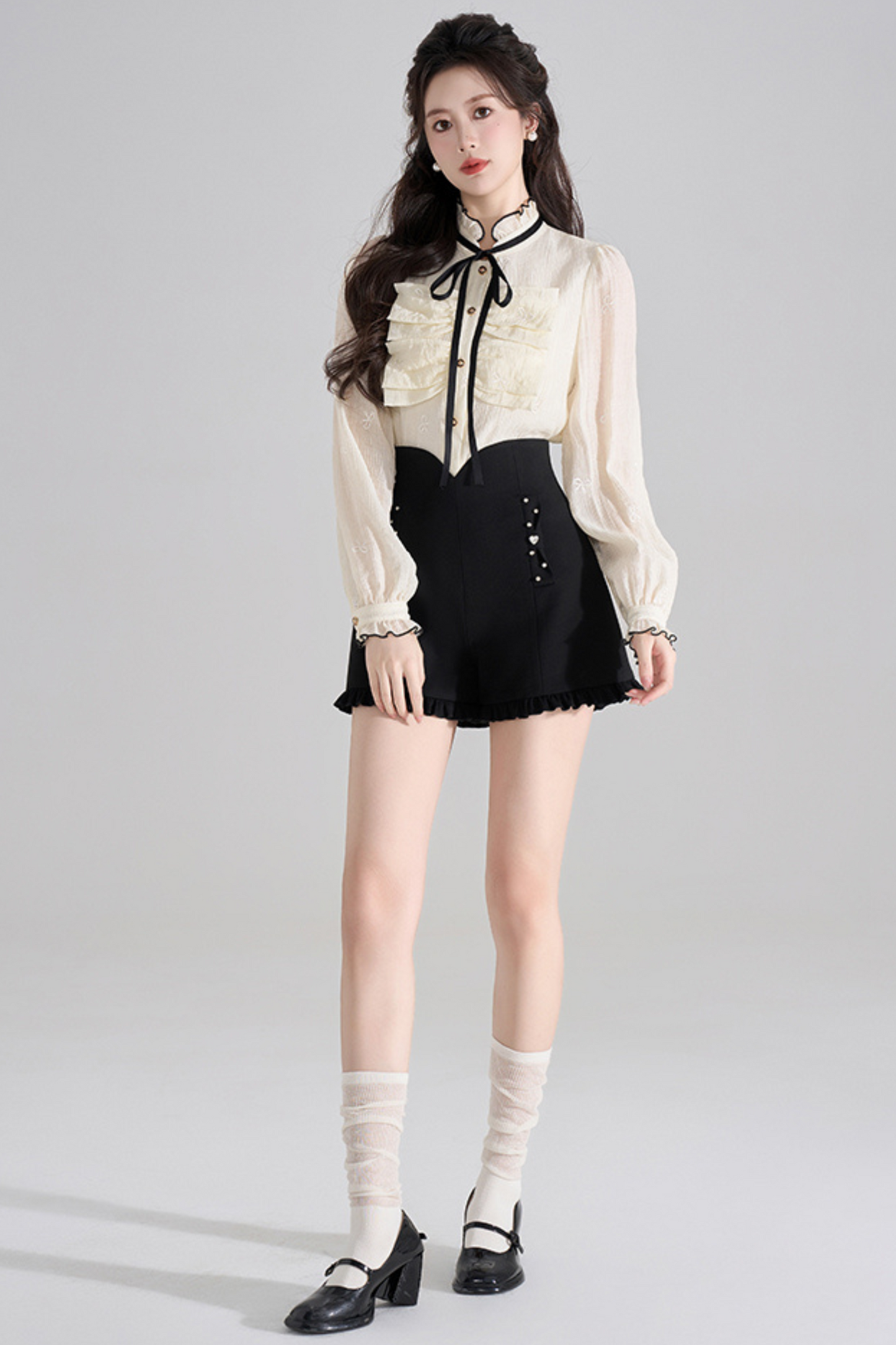 Dot Frilled V-Neck Blouse + Frilled Pants