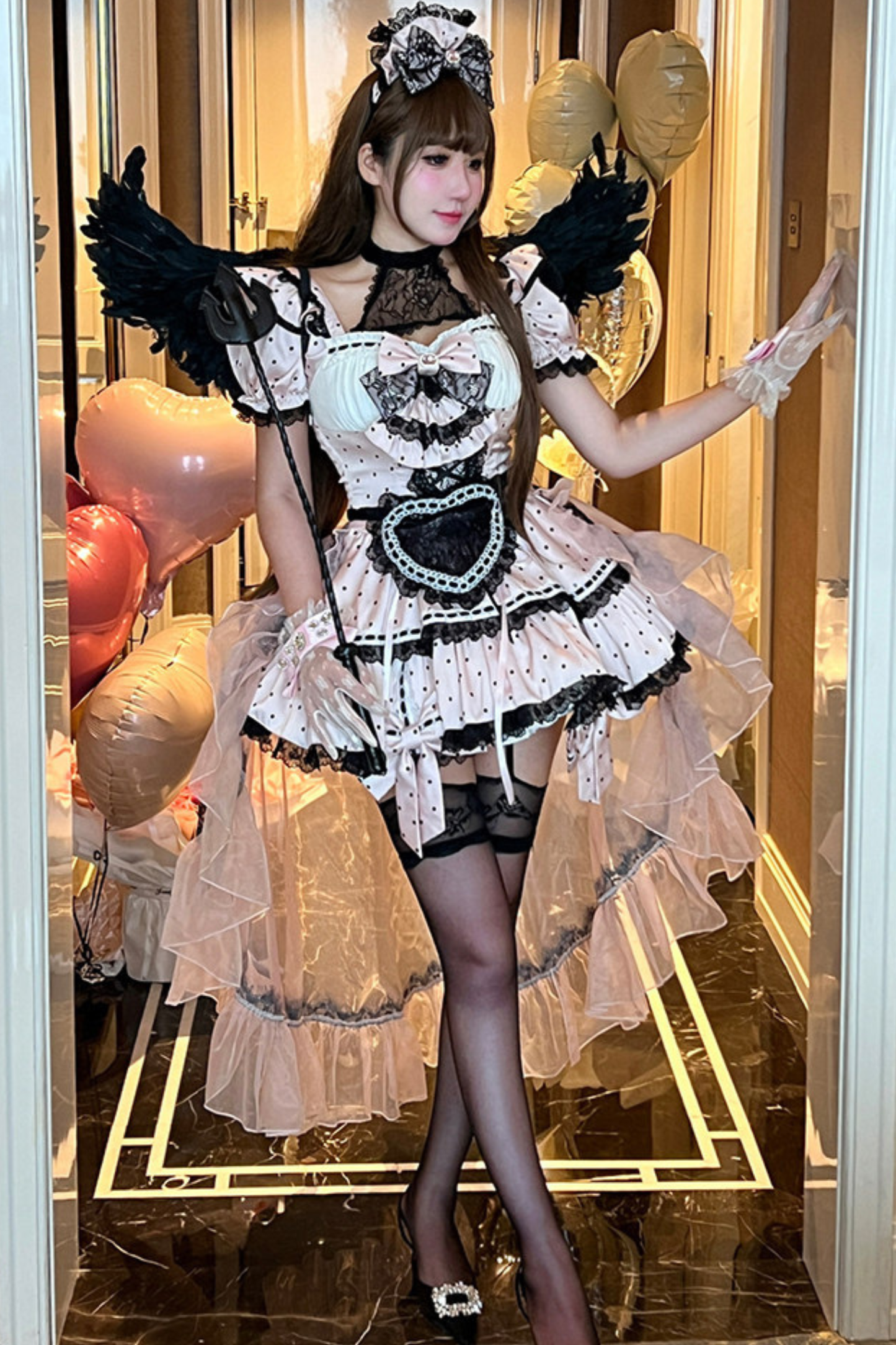 スイートリトルドットメイドロリータドレス+エプロン+ヘッドアクセサリー+ベール