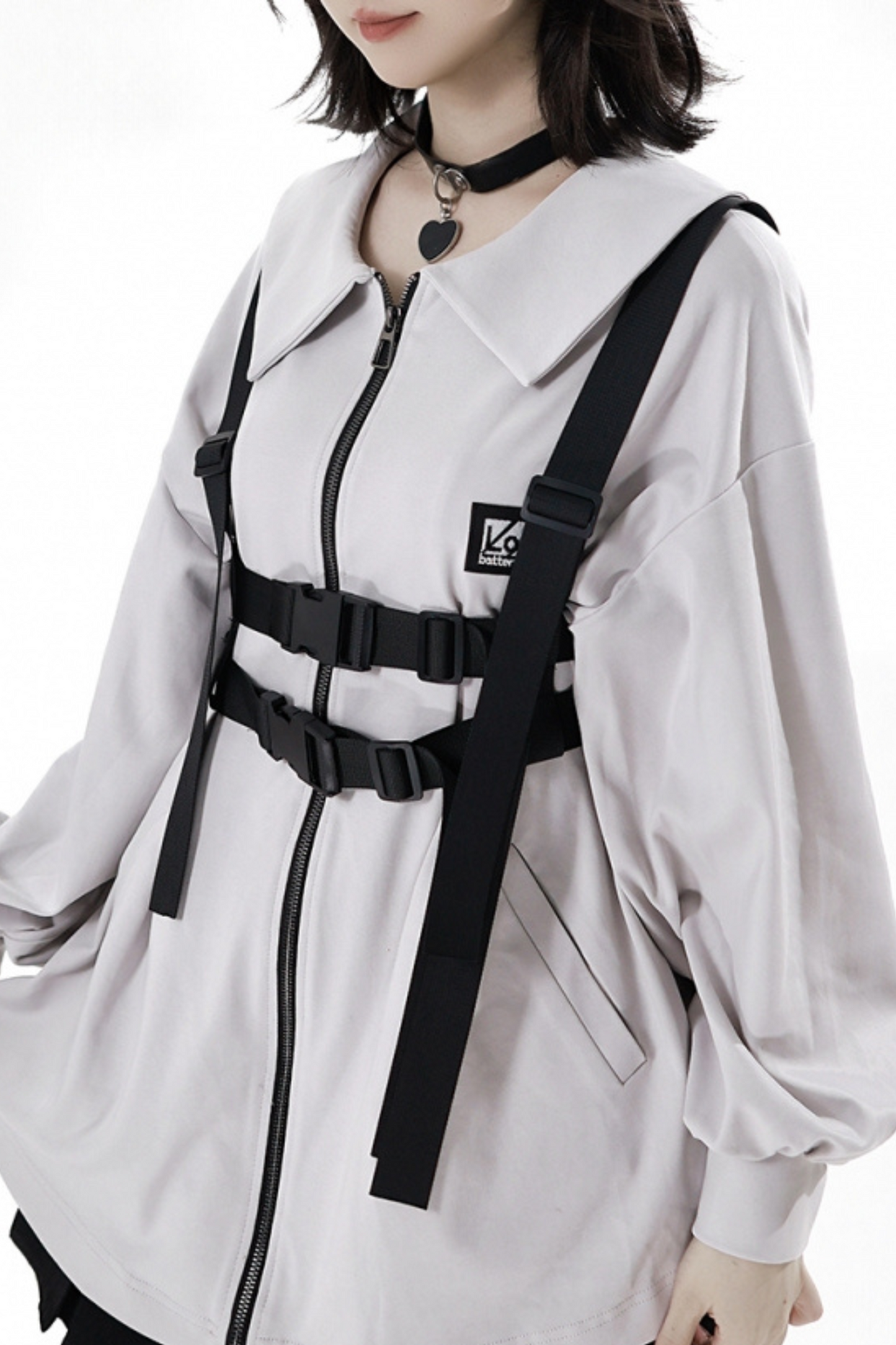 Neutral hooded jacket + coat + top + pants + straps