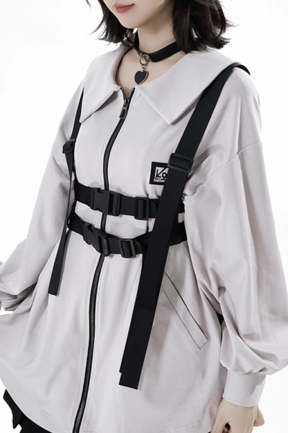 Neutral hooded jacket + coat + top + pants + straps