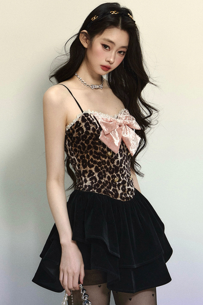 Leopard Pattern Velvet Cami Soul Dress