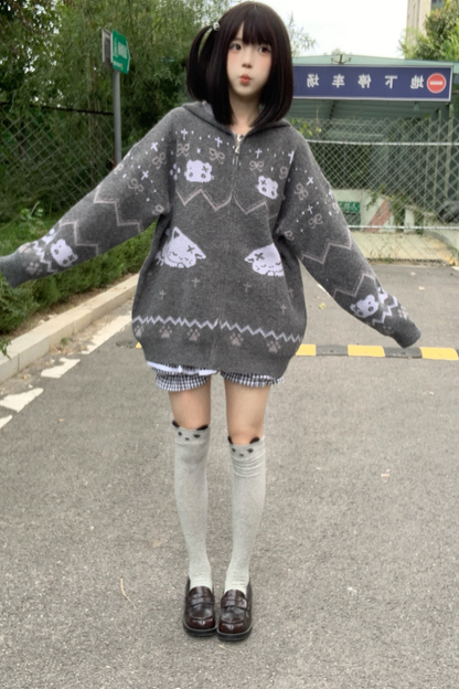 キャットデザインフード ニットカーディガン