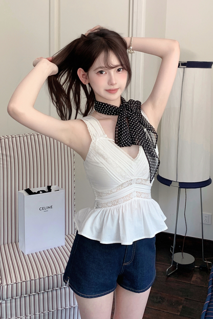 スイートショルダーリボンノースリーブトップス＋レースワイドパンツ