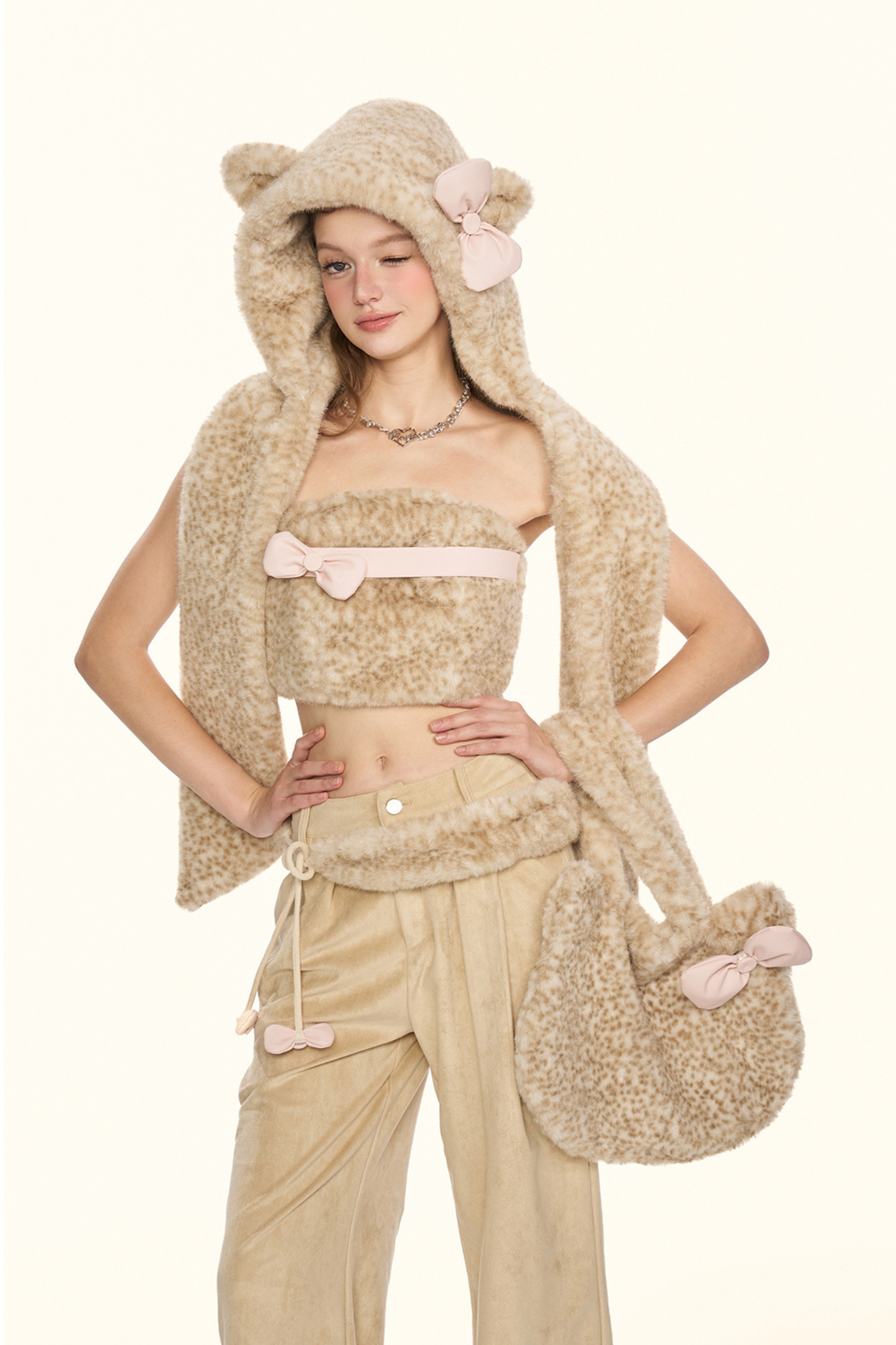 リトルミルクリボンレオパードマフラーハット