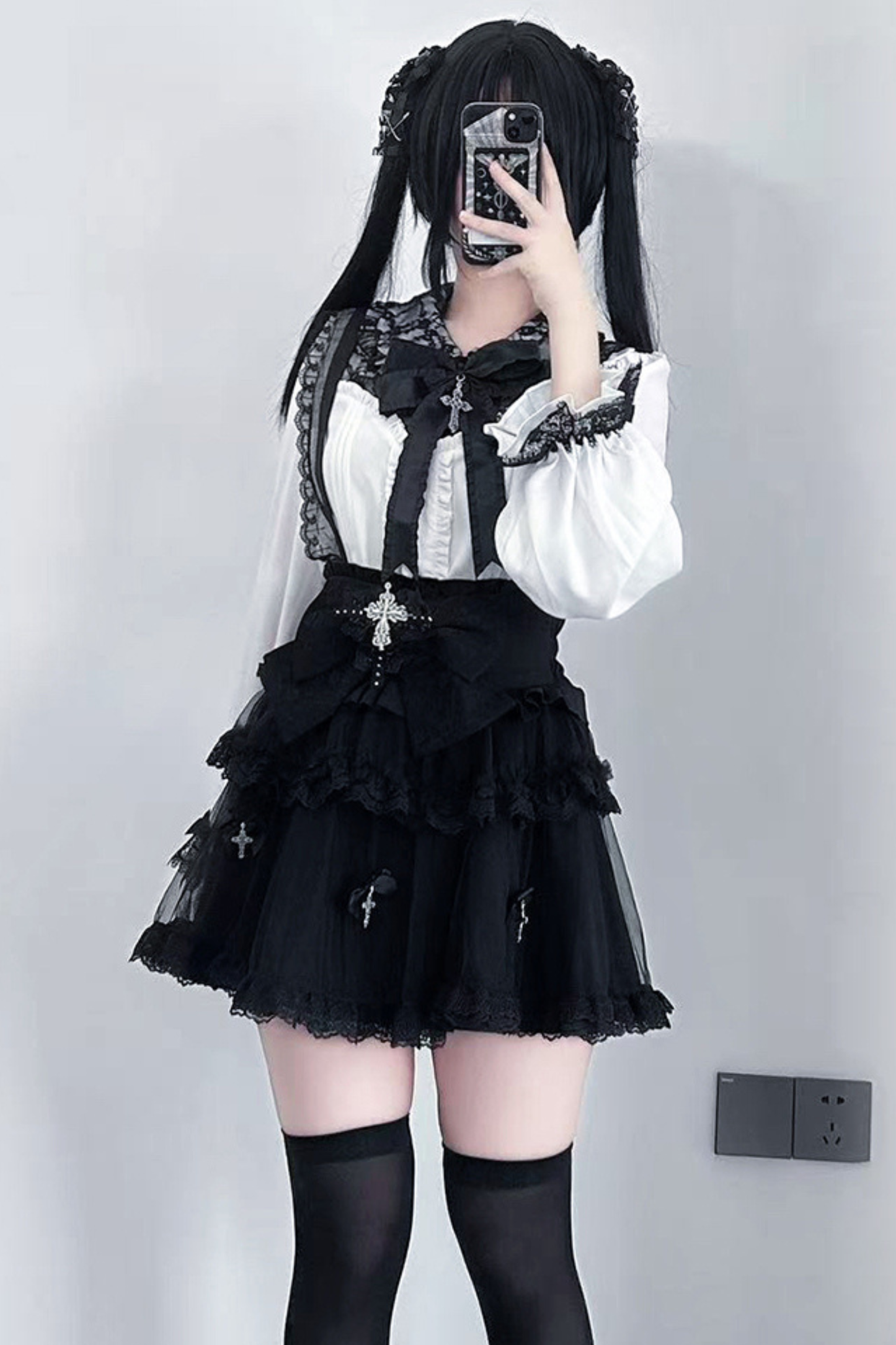 Dark windcloth shirt + skirt + ribbon