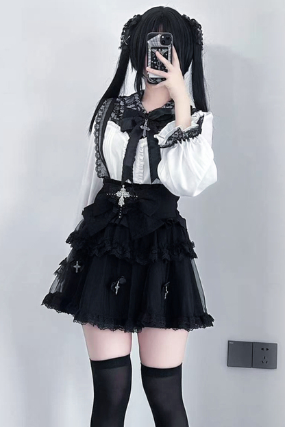 Dark windcloth shirt + skirt + ribbon