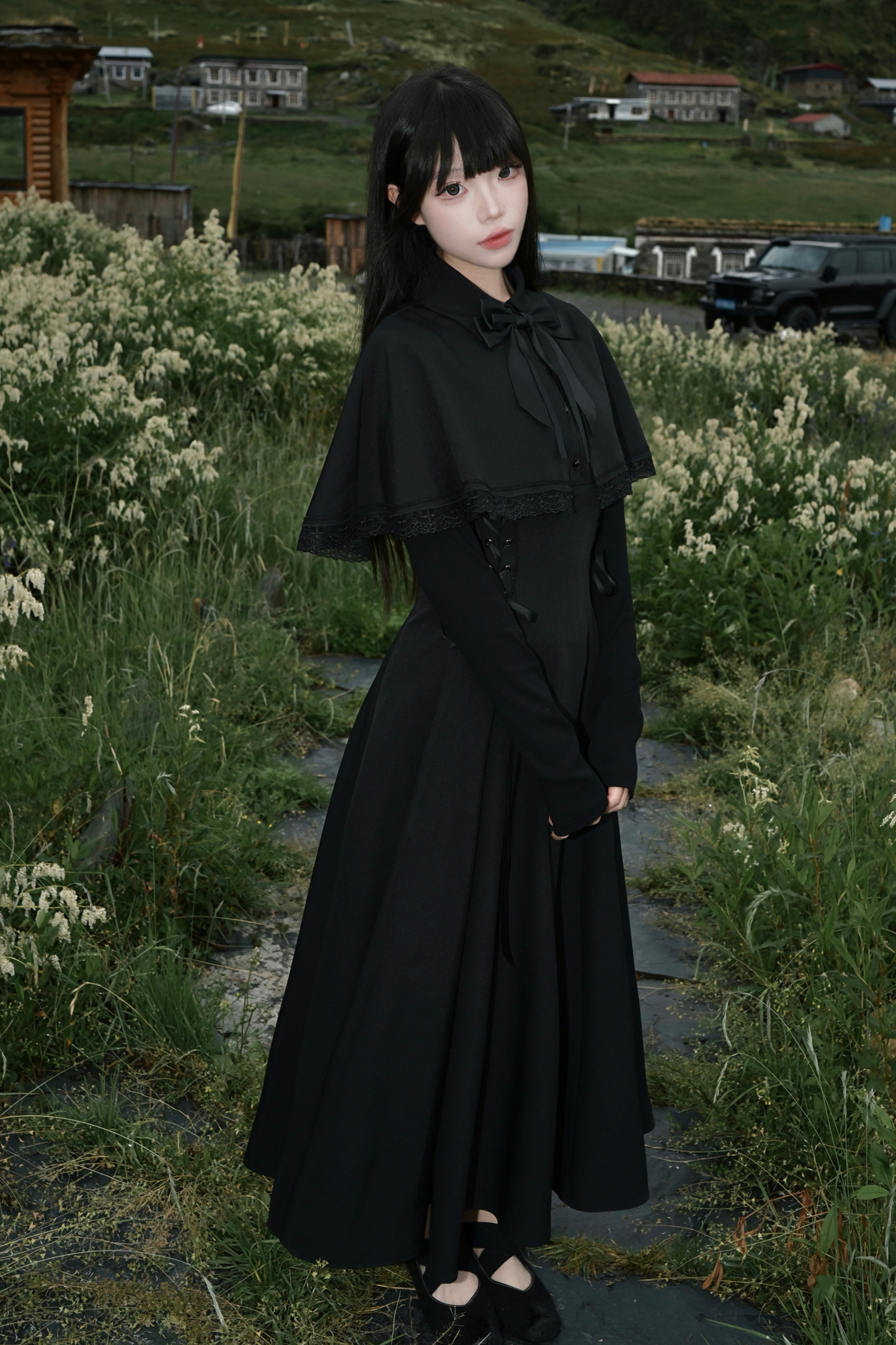 French cape dark dress