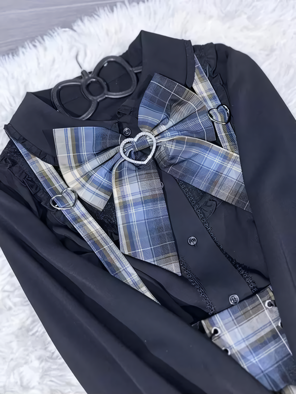 Subculture mine blouse + check suspender skirt + blazer